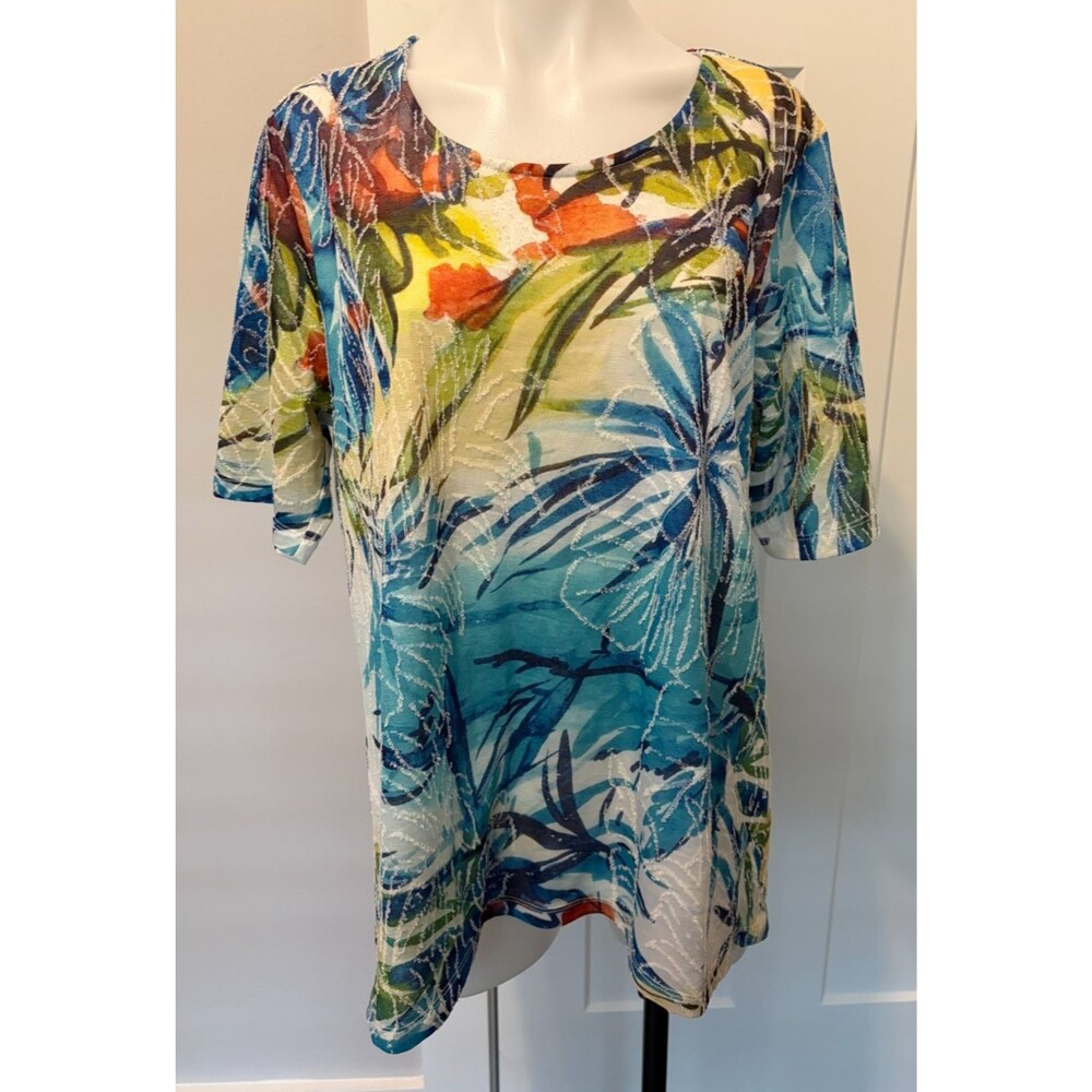 Chicos Womens Knit TOP Short Sleeve Blue Orange Yellow Tropical Size 3 (XL/16)
